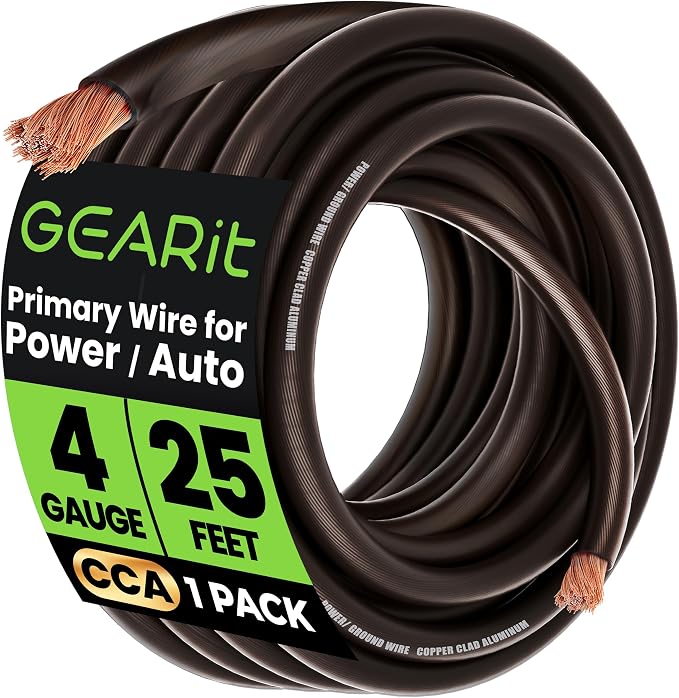 GEARit 4 Gauge Wire (25ft - Black Translucent) Copper Clad Aluminum CCA - Primary Automotive Wire Power/Ground, Battery Cable, Car Audio Speaker, RV Trailer, Amp, Electrical 4ga AWG 25 Feet