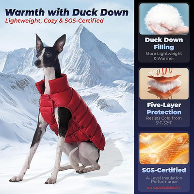 SPACE LION Dog Puffer Jacket, Down Winter Coat, Durable Outdoor Coat for Cold and Windy Conditions, Lightweight & Adjustable Fit Coats for Small Dogs, (Red, Size8/XS)