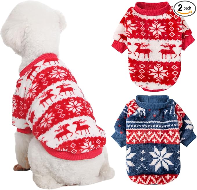 Dog Sweater, 2 Pack Dog Sweaters for Small Dogs, Dog Clothes for Small Dogs Girl Boy, Ultra Soft and Warm Puppy Sweater Dog Coat for Winter Christmas (XXS, Xmas Red+Xmas Blue)