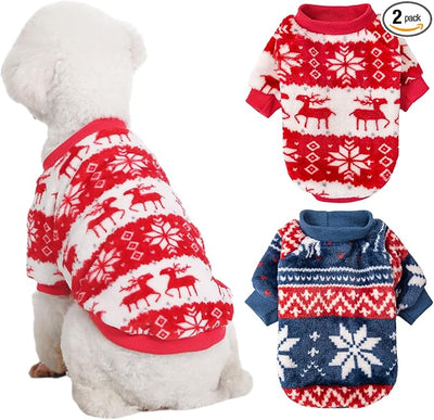 Dog Sweater, 2 Pack Dog Sweaters for Small Dogs, Dog Clothes for Small Dogs Girl Boy, Ultra Soft and Warm Puppy Sweater Dog Coat for Winter Christmas (XXS, Xmas Red+Xmas Blue)