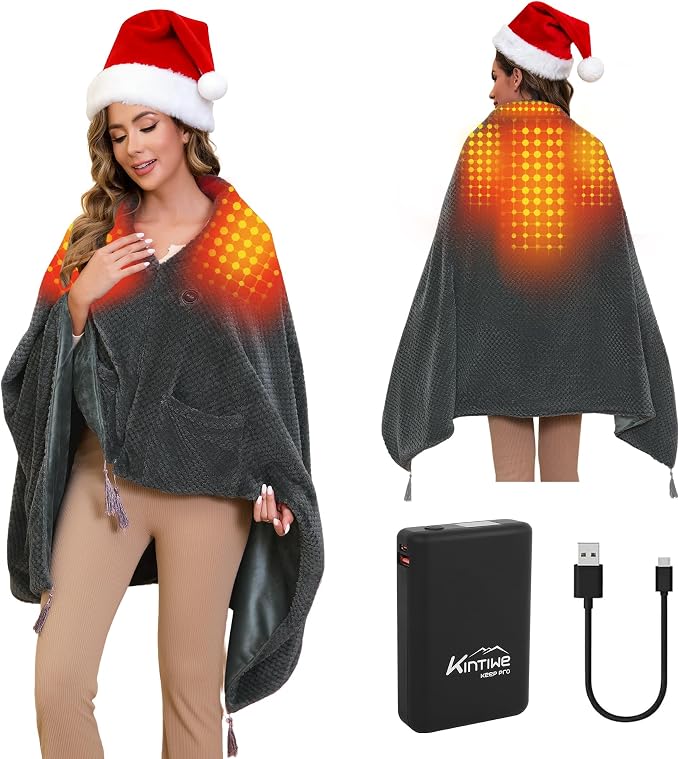 Heated Blanket Throw Battery Operated, Portable Cordless Heated Shawl Ponchol with 4 Heating Areas & 3 Heating Modes,Electric Wearable Heating Outdoor Camping Blanket for Traveling,Picnics