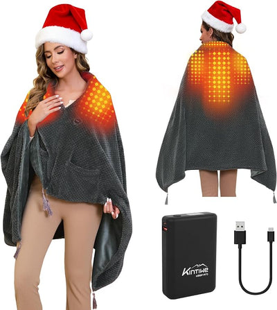 Heated Blanket Throw Battery Operated, Portable Cordless Heated Shawl Ponchol with 4 Heating Areas & 3 Heating Modes,Electric Wearable Heating Outdoor Camping Blanket for Traveling,Picnics