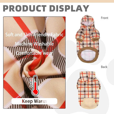 KOOLTAIL Plaid Dog Hoodie for Small Medium Large Dogs - Pet Clothes Sweater with Hat and Pocket for Cold Weather Winter, Warm Soft Dog Hooded Sweatshirt Coat Outfit for Puppy Cats Girls Boys Beige S