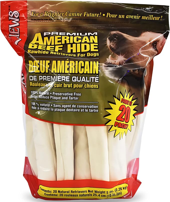 10-11" Rawhide Bones for Large Dogs, Durable USA Beefhide Dog Rawhide Chews, Retriever Rolls 20 Pack (5 lbs)
