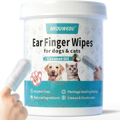MEDUWEDU Ear Cleaner Finger Wipes 60 Counts, Dog Ear Cleaner, Grooming Kit Care for Dogs and Cats, Soft & Easy Otic Cleaning Pads, Remove Wax, Dirt & Stop Smelly, Itchy, Non-Irritating, Coconut Scent