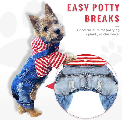 Small Dog Hoodie Clothes Cute Stripe Shirts Denim Jumpsuit One-Piece Outfit for Small Medium Dogs Cats Boy Girl Chihuahua Blue Jeans Overalls Puppy Costume (Red,XS)