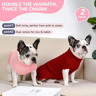 Dog Sweater 2 Pack for Medium Dogs, Size M, Pink & Red | Stretchy cable knit turtleneck, machine washable, high belly cut, comfy winter fit for French Bulldog, Pug