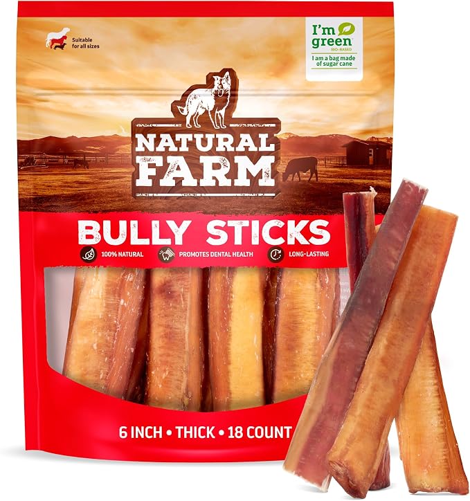 Odor-Free Thick Bully Sticks (6”, 18-pack) ALL-NATURAL Long-Lasting Dog Chews, 100% Beef Pizzle, Grass-Fed, Grain-Free, Protein for Muscle Development & Energy, Perfect For Medium Chewers