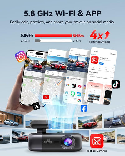 REDTIGER F9 4K Dash Cam Front and Rear 1080P, 5.8GHz WiFi & Smart App Control Car Camera, 2160P/FHD Wireless Dashcam for Cars with Precise GPS, WDR Night Vision, Loop Recording, 24H Parking Mode