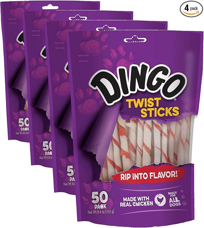 Dingo Twist Sticks Rawhide for Dogs,Made with Real Chicken,50 Count (Pack of 4)