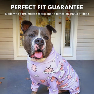 Spark Paws Dog Pajama, Dog Recovery Suit Male, Onesie, Ultra-Soft and 4-Way Stretch, for Small Medium and Large Breeds - When Pigs Fly - Purple - L