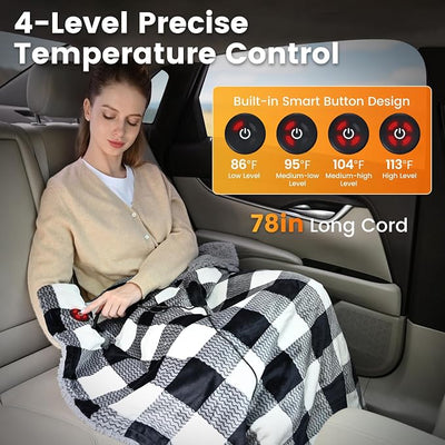 WOOMER Car Heated Blanket, 12-Volt Portable Heated Car Blanket with 4 Heating Levels & 4 Hours Auto Off for Car, Truck, SUV, RV or Camping, Travel, Machine Washable, 59" X 43", Plaid