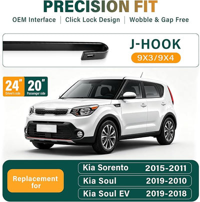 Windshield Wiper Blades Replacement for Kia Sorento 2011-2015,Soul 2010-2019,Soul EV 2018-2019, Original Equipment Replacement Front Rear Wiper Blade Set - 24" 20" 11" (Set of 3)