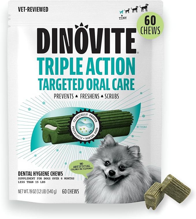 Dental Chews for Dogs, Triple Action Dental Dog Treats for Extra Small Breeds, Clinically Proven to Prevent Plaque & Tartar While Freshening Breath, Fresh Mint Flavor, Made in USA, 60 Count