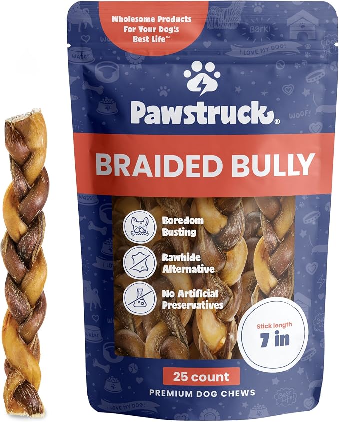 Natural 7” Braided Bully Sticks for Dogs, Tough Long-Lasting, Rawhide-Free, Low Odor, Healthy Single Ingredient Chew Treat for Aggressive Chewers, 25 Count, Packaging May Vary