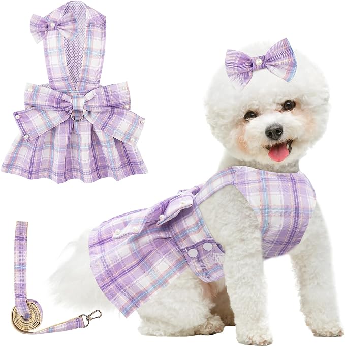 Coppthinktu Plaid Dog Dresses for Small Dogs Girl Bowknot Harness Leash Set, Cute Small Dog Dress Harness Cat Clothes Female with Pearl Bow Hair Clip, Summer Puppy Dress Yorkies Chihuahua Outfits