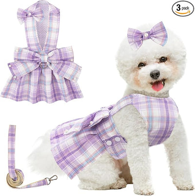 Coppthinktu Plaid Dog Dresses for Small Dogs Girl Bowknot Harness Leash Set, Cute Small Dog Dress Harness Cat Clothes Female with Pearl Bow Hair Clip, Summer Puppy Dress Yorkies Chihuahua Outfits