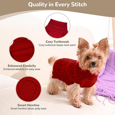 Dog Sweater 2 Pack for Small Dogs, Size XS, Red & Brown | Stretchy cable knit turtleneck, machine washable, high belly cut, comfy winter fit for Chihuahua, Yorkie