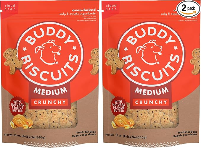 Buddy Biscuits Crunchy Medium Dog Treats, Peanut Butter, 12 oz. Bag (Pack of 2)