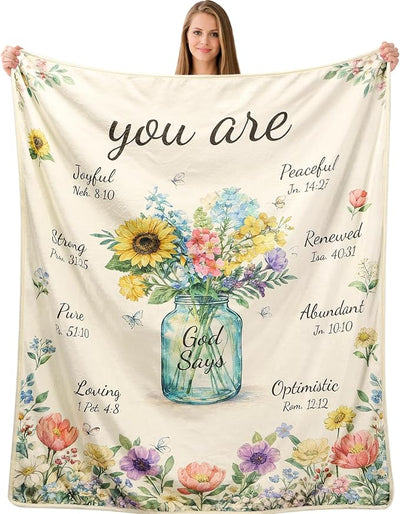 Christian Gifts for Women,Birthday Gifts for Mum,Inspirational Religious Blanket Gift with Flowers Vase, Soft Flannel Throw Blanket for Bed Couch Sofa, Spiritual Gift for Sister, Friends Family 50x60”
