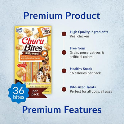 INABA Churu Bites Joint Support for Dog, Functional Lickable Dog Treat with Taurine & Green Tea Extract, 1.26oz Each, 18 Tubes Total, Chicken Recipe