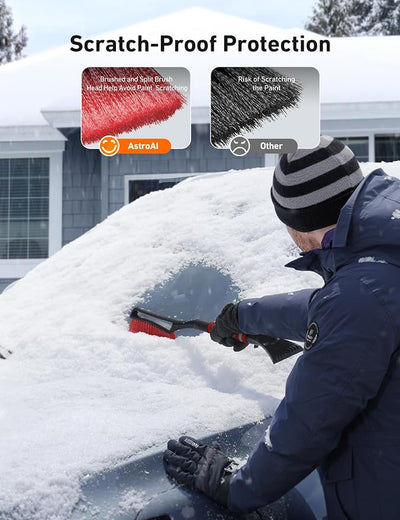 AstroAI 27" 2-in-1 Detachable Snow Brush & Ice Scrapers for Car Windshield | Snow Removers with No-Scratch Bristles, Ergonomic Handles & Easy Storage, Winter Accessories for Cars, SUVs, Trucks (Red)