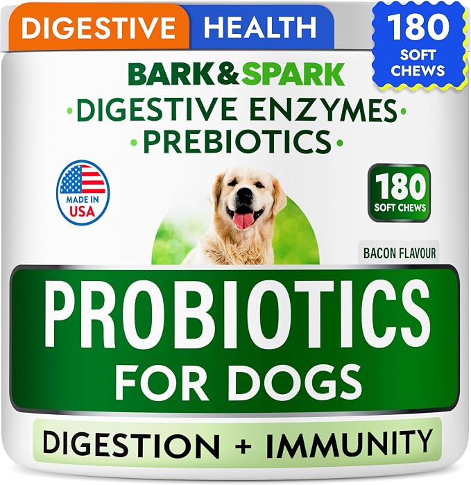 Bark&Spark Probiotics for Dogs - Digestive Enzymes (Gut Health) Allergy & Itchy Skin - Pet Diarrhea Gas Treatment Upset Stomach Relief Pill, Digestion Health Tummy Treat (180Ct Bacon)