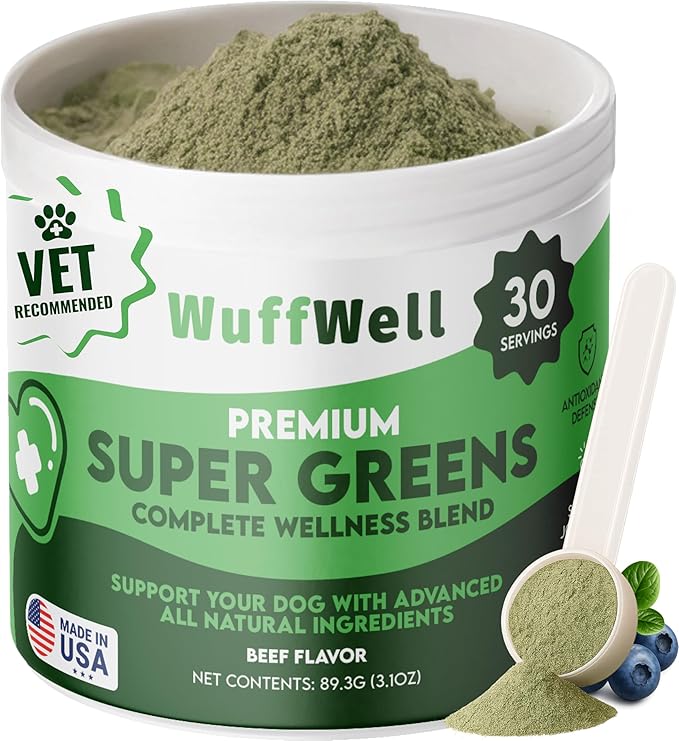 Super Greens Powder for Dogs – Spirulina, Chlorella, Moringa, Glucosamine & Turmeric – Joint, Immune & Skin Support – Beef Flavor – Natural Dog Supplements – Vet Approved – Made in USA