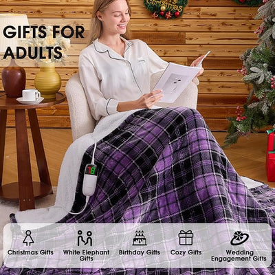 Heated Electric Blanket Queen Size, 84X90 Heating Blanket Queen with Dual Control&10 Heats Levels&Timer for Bed,Purple Plaid Sherpa Soft Blankets Warmer Gift for Grandma Women Adults, Washable