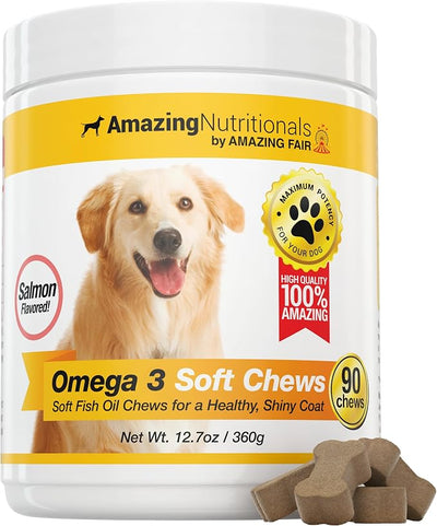 Amazing Omega 3 for Dogs - Fish Oil for Dogs Supplement 90 Salmon Soft Chews - Itchy Skin, Dry Skin, Shedding & Coat Support - Omega Fatty Acids EPA DHA - Made in USA