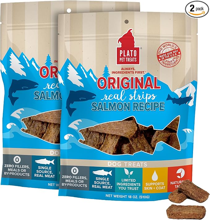 PLATO Pet Treats Real Strips - Air-Dried Meat Bars for Dogs - Delicious, Limited Ingredient Dog Treats - Grain Free Dog Treats - Original Real Strips Salmon 18oz - 2 Pack