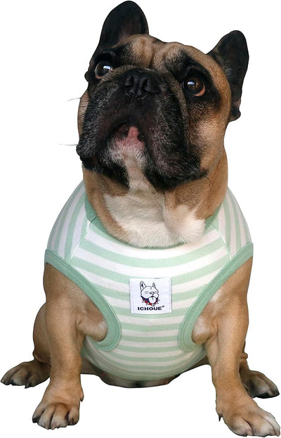 iChoue Pug 100% Breathable Cotton Striped T Shirts Halloween Vest Clothes for Medium Dogs Tank Tops Puppy French Bulldog Frenchie English Boston Terrier Pitbull Green White Stripes - Small