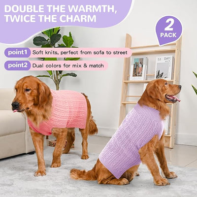 Dog Sweater 2 Pack for Large Dogs, Size XL, Pink & Purple | Stretchy cable knit turtleneck, machine washable, high belly cut, comfy winter fit for English Bulldog, Boxer