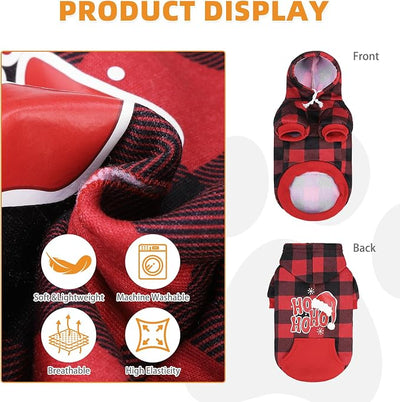KOOLTAIL Christmas Dog Hoodie, Red Plaid Pet Sweater, Hat Hooded Sweatshirt Dog Clothes for Small Medium Large Dogs Boys Girls, Soft Warm Winter Cold Weather Coat with Leash Hole&Pocket, Santa, XL