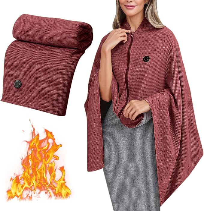 Heated Shawl Wraps for Women,Portable Heated Blanket,Waffle Knit Cordless Heating Shawl USB Electric Heated Blankets with 3 Heating Levels,Soft Zipper Wearable Heating Blanket for Outdoor,Home (A)
