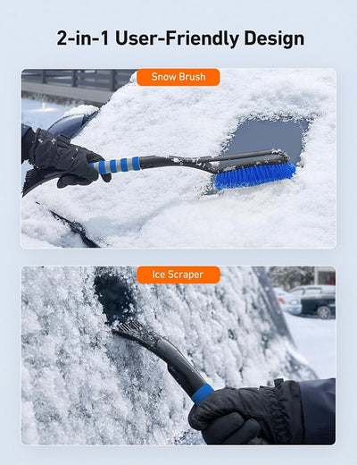 AstroAI 27" 2-in-1 Detachable Snow Brush & Ice Scrapers for Car Windshield | Snow Removers with No-Scratch Bristles, Ergonomic Handles & Easy Storage, Winter Accessories for Cars, SUVs, Trucks (Blue)