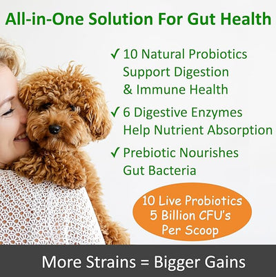 TummyWorks Probiotics for Dogs and Cats. 160 Scoops Probiotic Powder for Digestive Health, Gut, Immunity, Energy, Skin & Coat. 10 Strains, 5 Billion CFUs with 6 Enzymes & Prebiotics. Made in USA.
