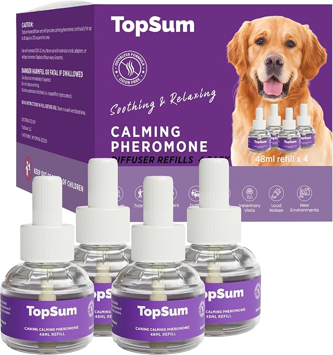 Calming Diffuser for Dog: Dog Pheromones Calming Diffuser Plug for Stress, Barking, Chewing, Pee Accidents & Separation Behaviors (Purple– 4 Refills)
