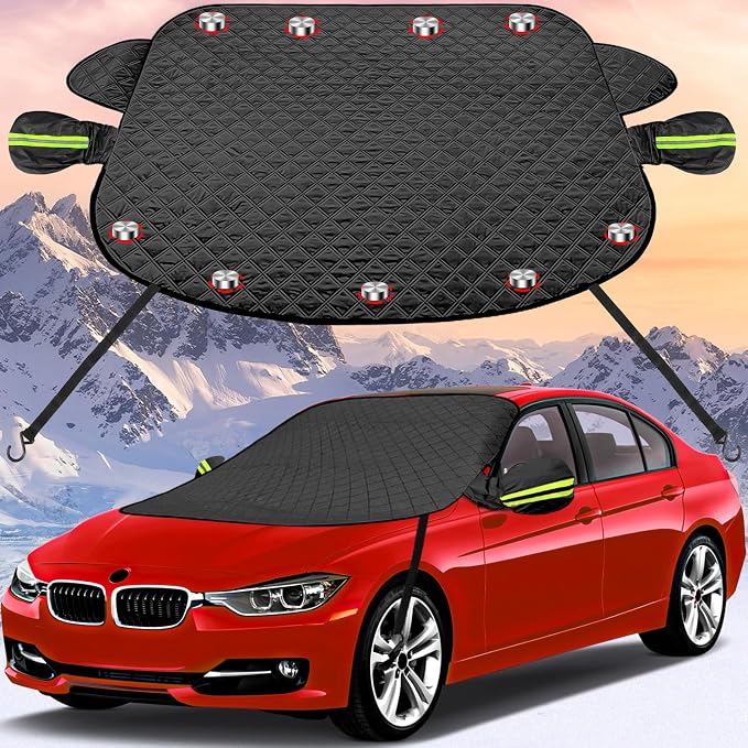 Car Windshield Snow Cover for Ice with Magnetic Edges, Windscreen Frost Protector with 5 Layers Protection,Elastic Straps Hooks,Side Mirrors Cover, Winter Frost Ice Guard for Car SUV CRV Trucks,Black