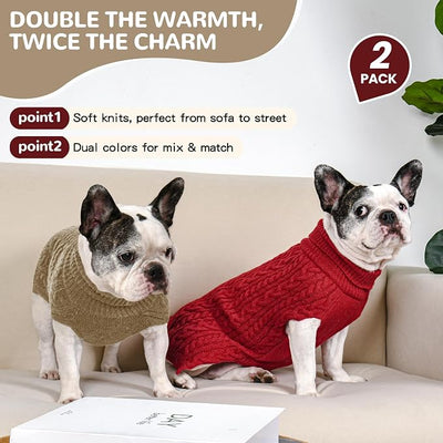 Dog Sweater 2 Pack for Medium Dogs, Size L, Red & Brown | Stretchy cable knit turtleneck, machine washable, high belly cut, comfy winter fit for French Bulldog, Corgi