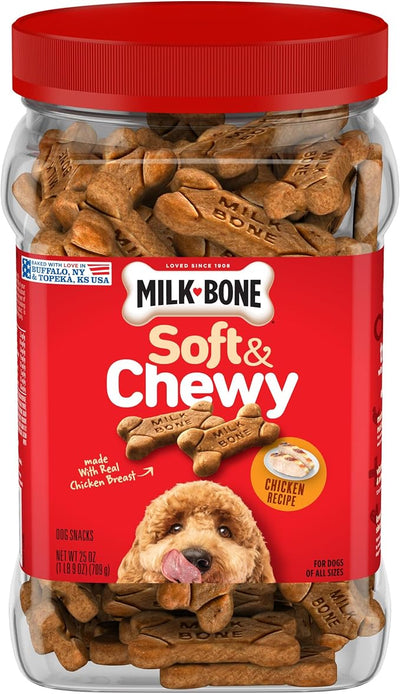 Milk-Bone Soft & Chewy Dog Treats Bundle: Chicken Recipe 25 Ounce + Real Bacon 25 Ounce