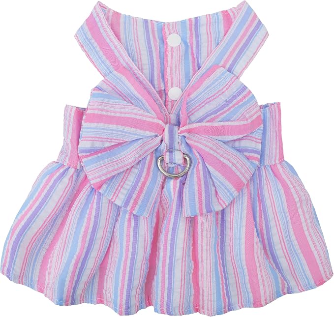 Pet Dog Harness Dress, Cute Striped Pattern with Bow, Princess Puppy Dresses with Button Closure, Summer Dog Clothes for Small Dogs Girl (Purple, Large)