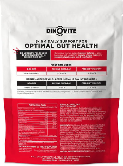 Dinovite Probiotics for Dogs, Probiotic Powder Food Topper for Small Dogs (1-18 lb), Daily Digestive Health & Skin Support with Omega-3s, 30 Servings