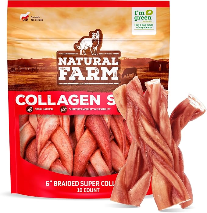 Odor-Free Super Braided Collagen Dog Chews (6-Inch, 10-Pack) First Ever Real Bull Sticks Alternative: 100% Natural Angus Hide Collagen Treats- More Protein More Chew Time for All Dogs
