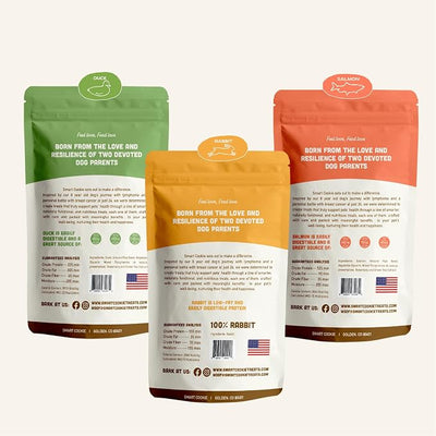 Smart Cookie Jerky Dog Treats - 3 Flavor Variety Pack - Rabbit, Salmon & Duck Jerky - Training Treats for Dogs, Puppies with Allergies, Sensitive Stomachs - Grain Free, Made in USA - 3oz