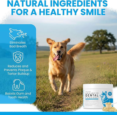 Advanced Dog Dental Powder 8oz - Teeth Cleaning, Tartar, & Plaque Remover | Aids Bad Breath, Biofilm, Gum, and Tooth Health - Made with Brown Algae, Kelp, Parsley, and Green Tea