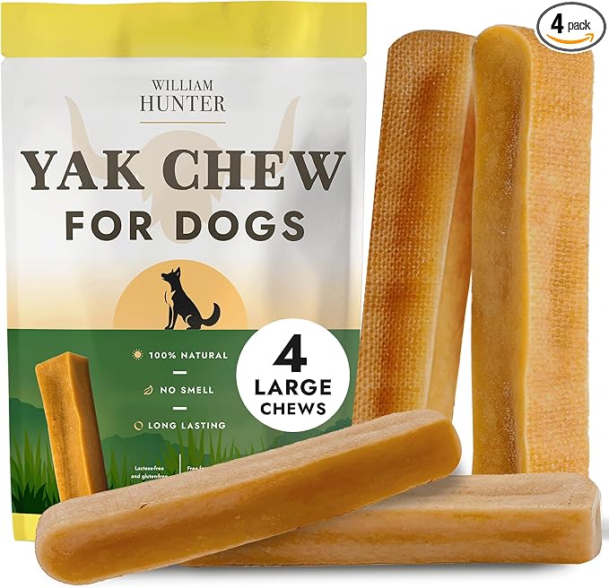 William Hunter Yak Cheese Himalayan Dog Chews - Long Lasting 100% Natural High Protein Dental Dog Chews for Aggressive Chewers (4 Large Sticks)