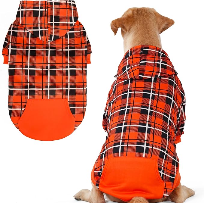 EXPAWLORER Plaid Dog Hoodie - British Style Warm Dog Sweater Shirt with Leash Hole,Pitbull Clothes Outfits,Winter Coat Apparel for All Breeds Puppy Girl Boy-Cat Apparel,Orange XL-XXLarge