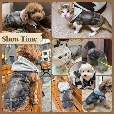 Cool Dog Jean Jacket Vest with D-Ring Black Denim Dogs Hoodies Outfits for Small Medium Dogs Cats Boy Male Dog Clothes Costume Dogggie Puppy Harness Coat for Frenchie Walking(Grey Hat,M)