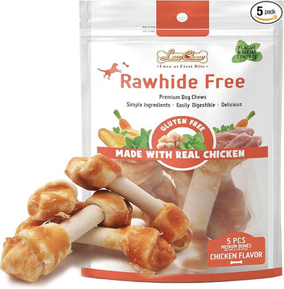 LuvChew Chicken Dog Chew Bones Medium, Rawhide Free, Grain Free, Made with Real Chicken & Wholesome Vegetables, Knotted Bones Medium 5pcs/Pack